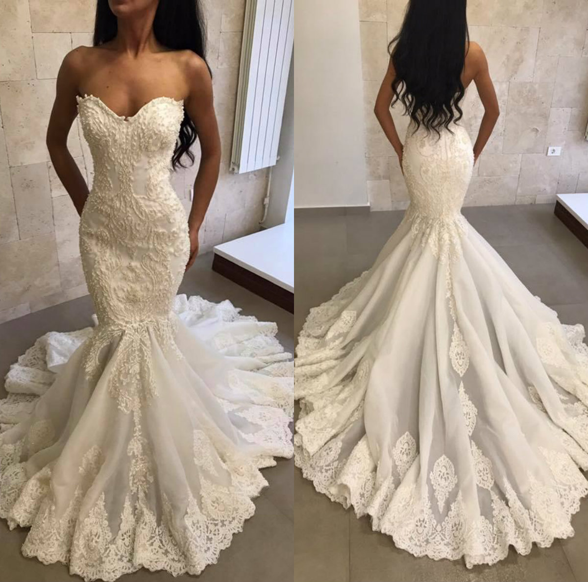 2019 Beaded Mermaid Wedding Dresses Sweetheart Lace Appliques Sweep Train Country Wedding Dress Vintage Beach Bridal Gowns Plus Size, Custom made from color chart
2019 Beaded Mermaid Wedding Dresses Sweetheart Lace Appliques Sweep Train Country Wedding Dress Vintage Beach Bridal Gowns Plus Size, Custom made from color chart