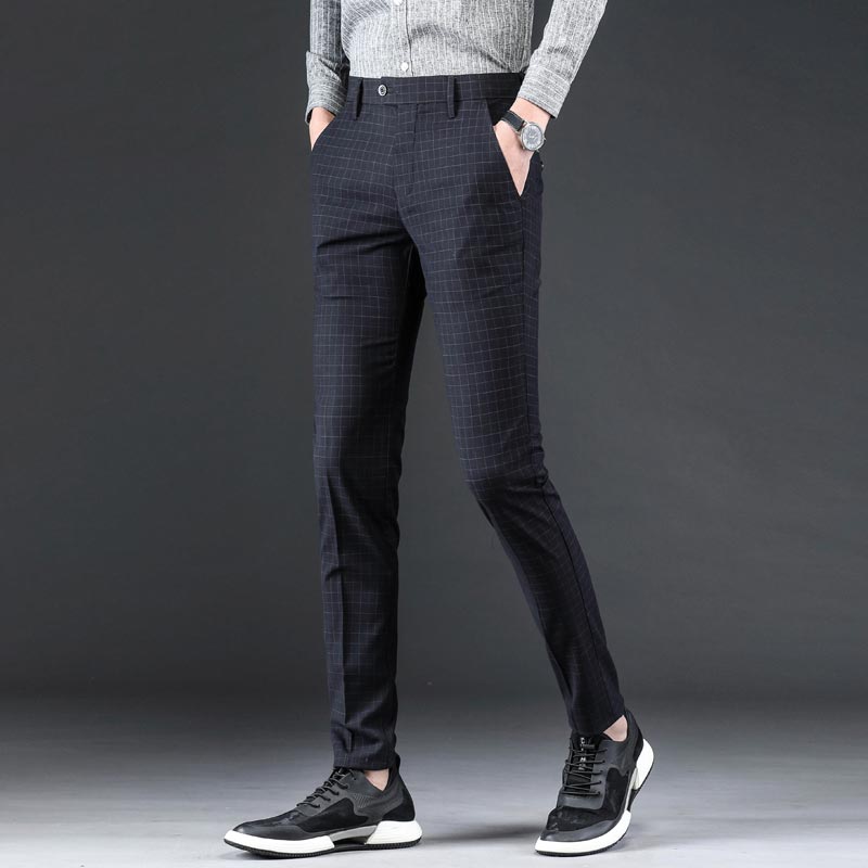 2019 Summer Suit Plaid Pants Men Business Slim Fit Mens Trousers Zipper Formal Mens Skinny Dress Pants Pantalones Hombre Vestir