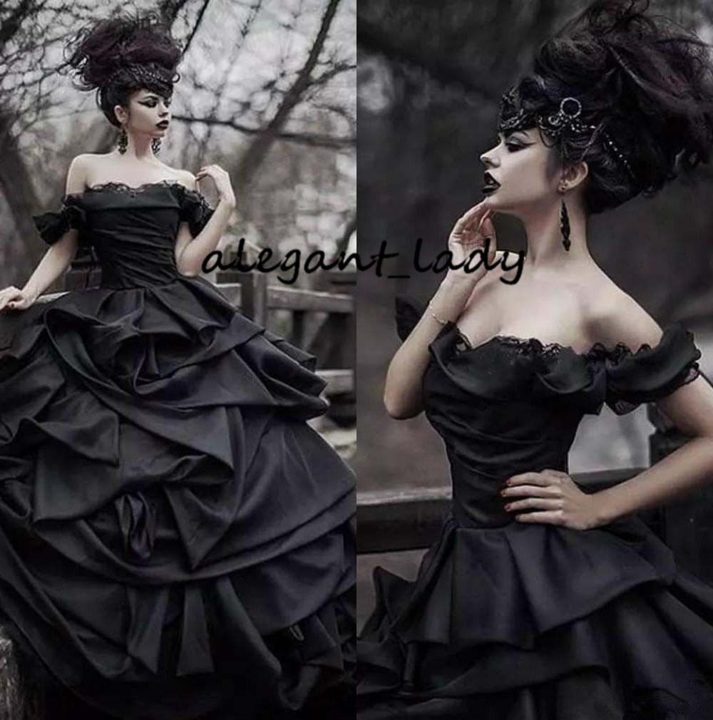 Vintage Tradition Black Gothic Wedding Dresses Victorian Punk Ball Gown Wedding Dresses Off The Shoulder Tie Up Satin Princess Bride