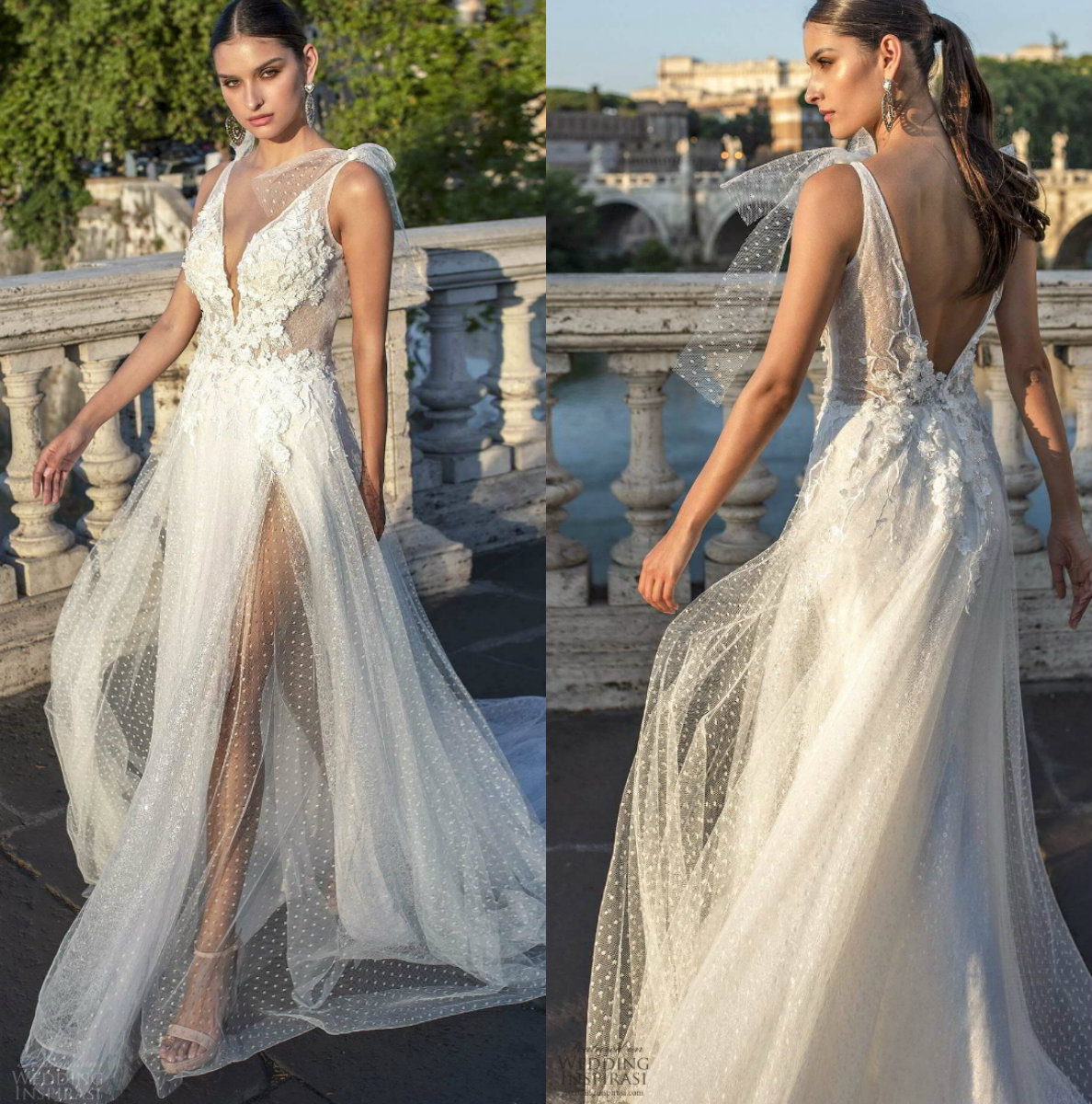 2020 Bohemian Wedding Dresses V Neck A Line Appliqued Lace High Side Split Abiti Da Sposa Sweep Train Illusion Bodice Vestidos De Novia