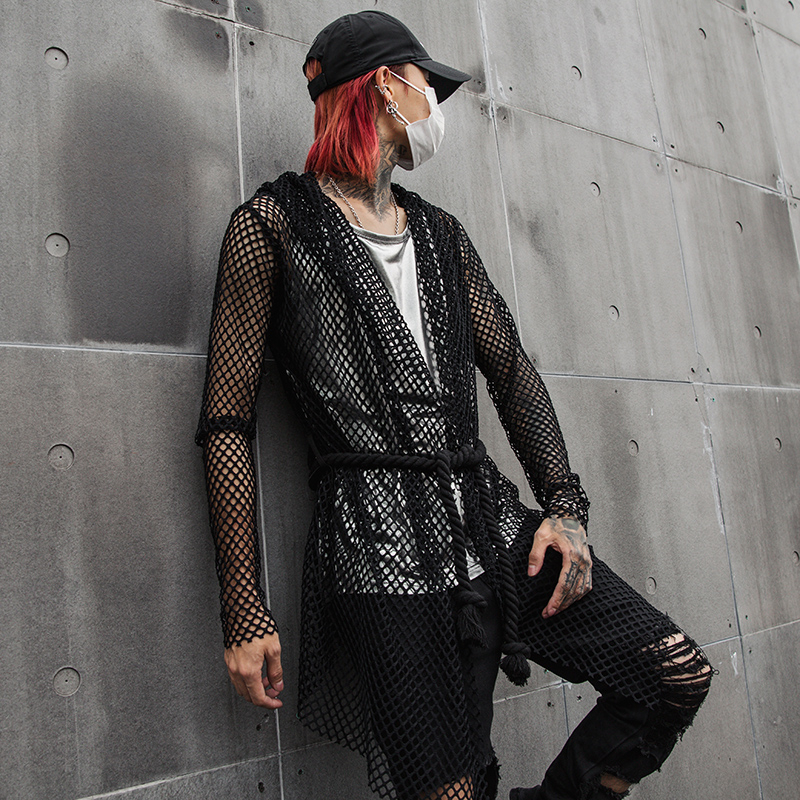 Men hollow out mesh long trench coat with hemp rope belt sexy gothic punk rock hooded cloak nightclub DJ singer stage costume CJ191128