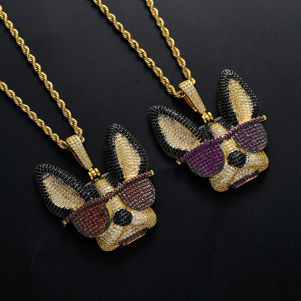 Brass CZ Large Witty dog with glasses Pendants Iced Out Hip Hop Necklace For Men And Women Party Jewelry Gift CN137