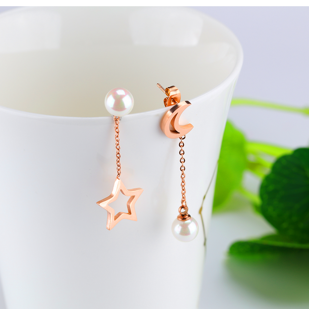 Charm Star and Moon Drop Earrings Jewelry Stainless Steel 14K Gold Plated White Pearl Setting Earrings Women Girl's Gift