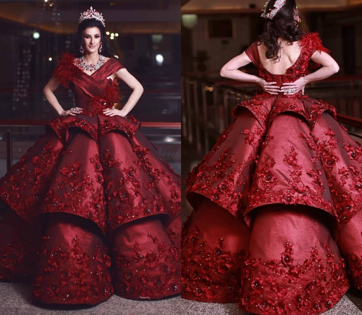 2020 New Arrival Burgundy Evening Dresses Feather 3D Floral Applique Beads Satin Ball Gown Prom Dress Ruffles Gorgeous Formal Occasion Gowns