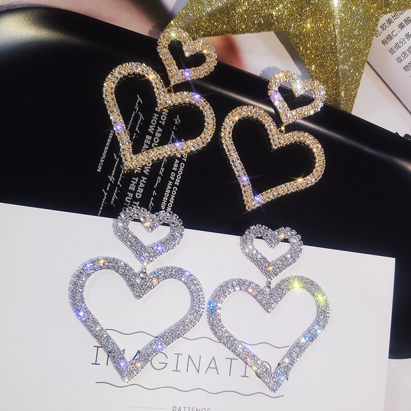 Fashion Cute Female Big Double Heart Earrings Fashion Silver Gold Wedding Drop Earrings Jewelry Vintage Long Dangle Earrings For Women