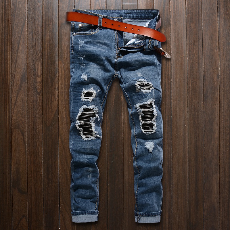 Men's Jeans Hem Zipper Stretch Knee Ripped Biker Men Hole Hip Hop Clothing Skinny Fashion Brand Pants Drop