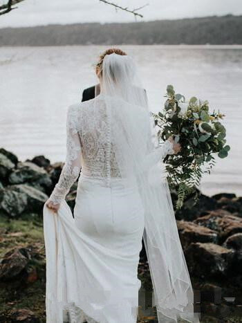 High Neck Country Mermaid Wedding Dresses with Long Sleeve 2019 Simple Lace Stain Muslim Hijab Style Bohemian Trumpet Wedding Gown
