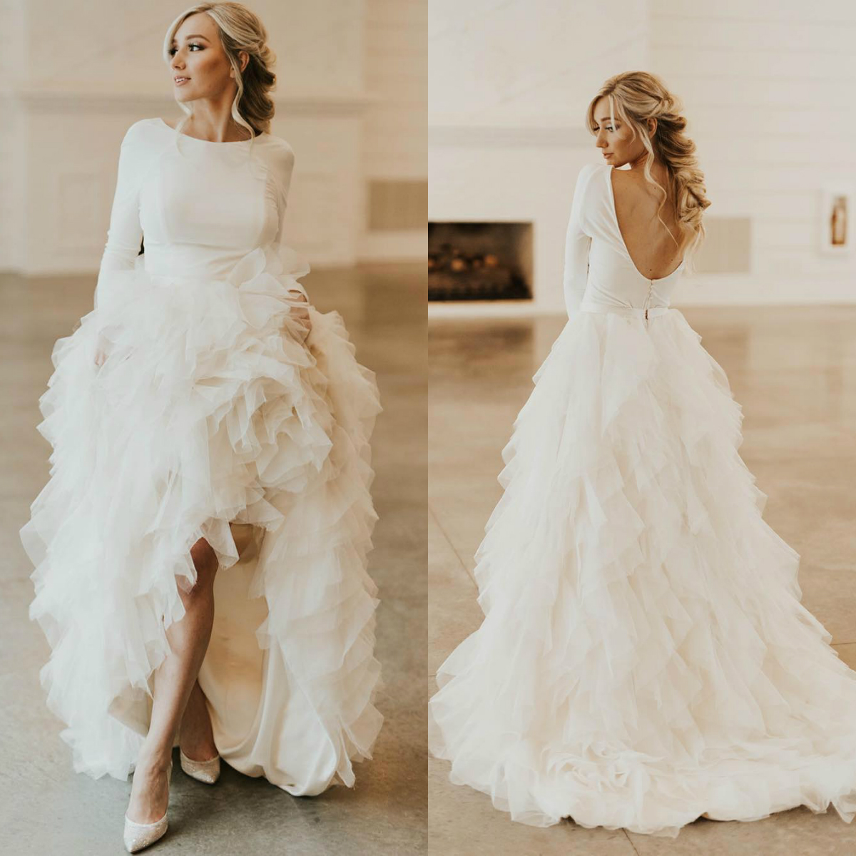 Vintage High Low Wedding Dresses Tiered Skirts Long Sleeve Simple Satin Tulle Wedding Dress Bridal Gown 2019 New Arrival robe de mariée