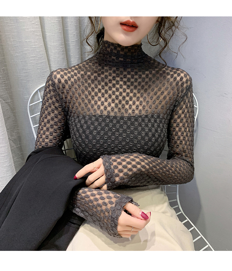 New womens sexy turtleneck long sleeve perspective gauze lace spring autumn t-shirt tops SML