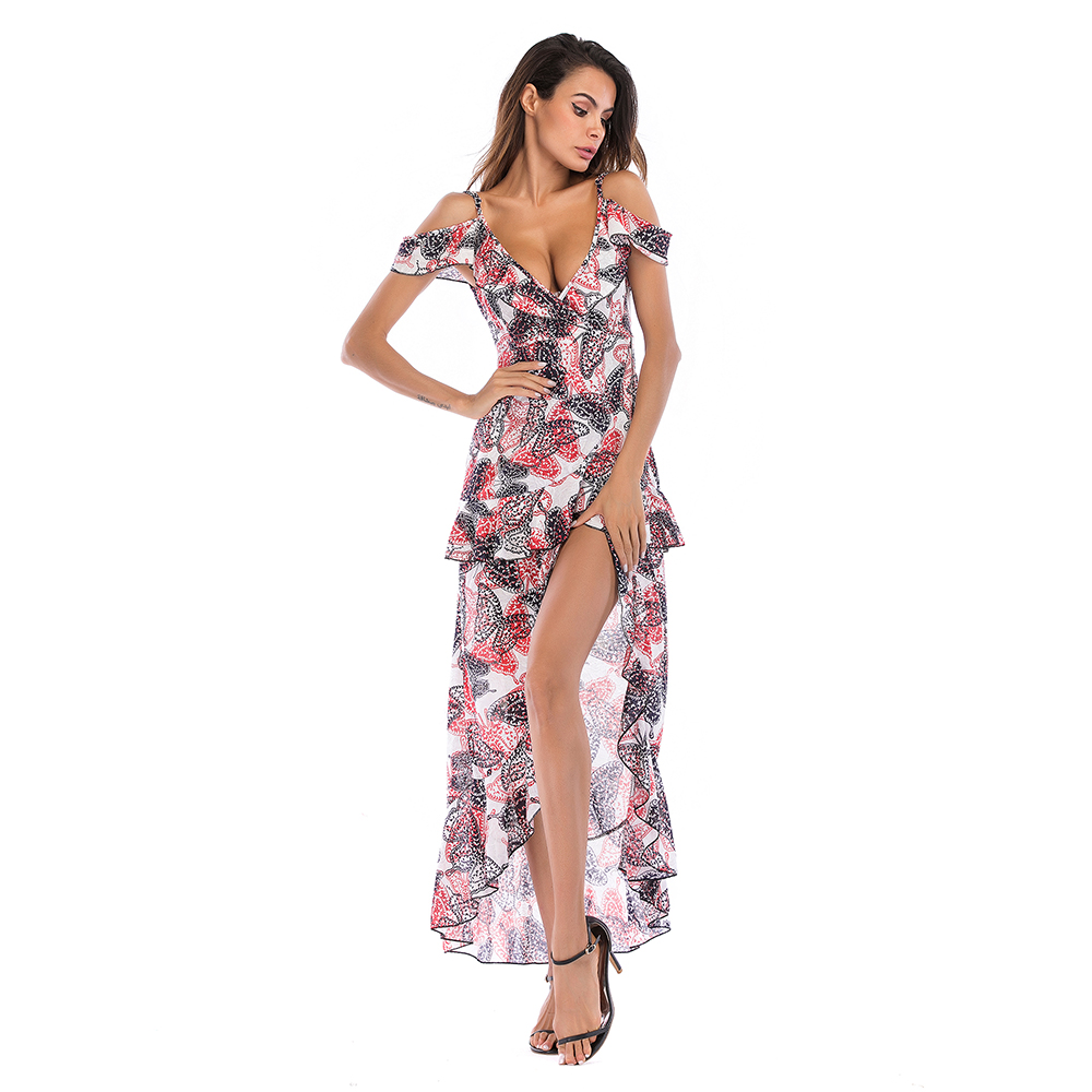 Women V Neck Party Dress 2019 Summer Casual Slip Dresses Split Vintage Print Maxi Dress Asymmetrical