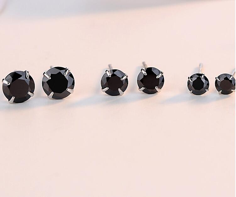 Simple Fashion Jewelry 925 Sterling Silver Black Sapphire CZ Diamond Gemstones Solitaire Women Wedding Party Men Stud Earring