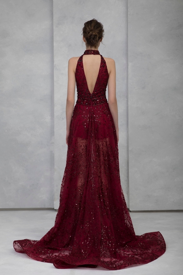 2020 Tony Ward Burgundy Evening Dresses Lace Appliqued Sequined High Neck Prom Dress Sweep Train Formal Party Gowns Robes De Soirée