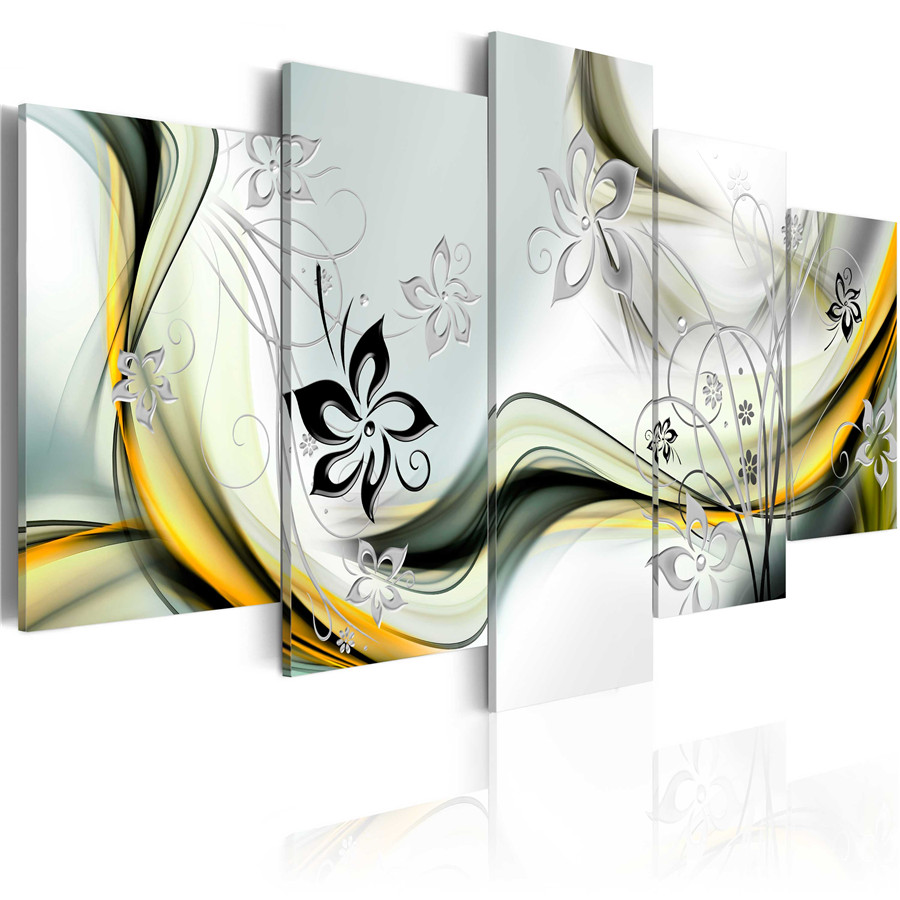 Fashion Wall Art Canvas Painting 5 Pieces Brown Yellow Purple Abstract Wavy Pattern Flower Modern Home Decoration,Choose Color And Size No F