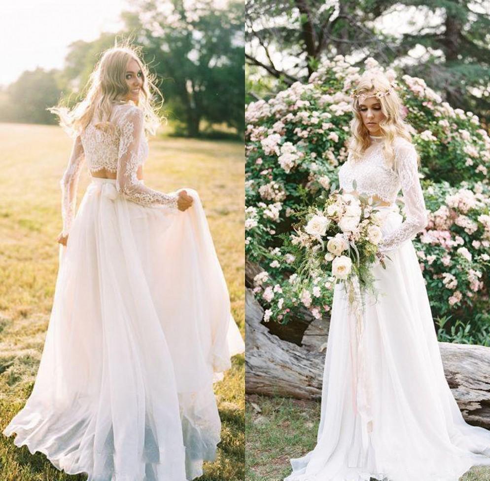 Two Piece Beach Dresses Long Sleeves High Neck Lace Tulle Sweep Train Custom Made Wedding Bridal Gown Vestido De Novia