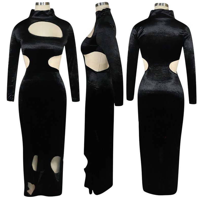 Women pleuche Velvet long sleeve one-piece dress sexy solid color package hip long skirt night club wearing clothes S-2XL 2000