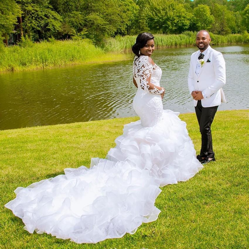 Sexy Mermaid Arabic Plus Size Court Train Long Sleeve Lace Bridal Dresses Beaded Crystal Organza Wedding Gowns