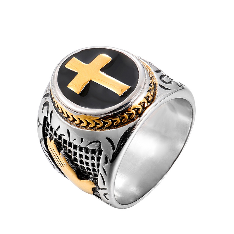 Stainless Steel Cross Pattern Casting Rings Praying Hands Together Hip Hop Men's Finger Ring Christian Jewelry