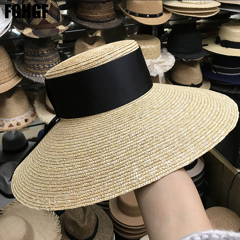 FGHGF Natural Women Sun Hats Black Ribbon 9cm 13cm 15cm Flat Top Large Wide Brim Straw Hats Straw Hat Chapeu Sombrero Beach Hats D19011106