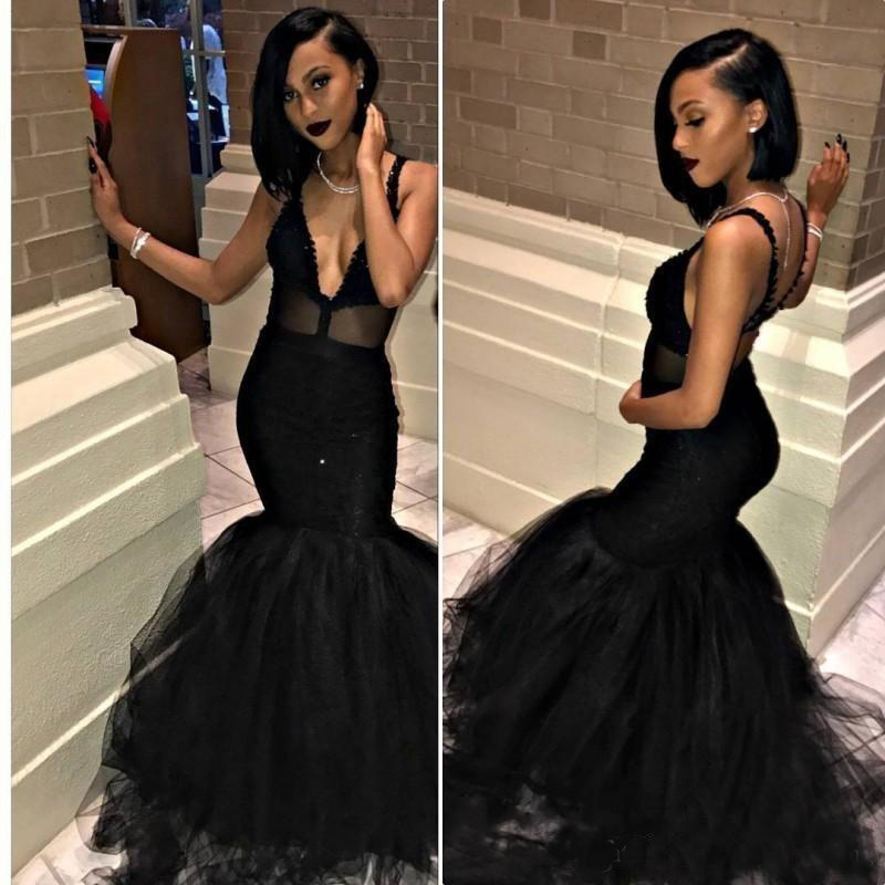African Black Mermaid Evening Dresses Sexy Lace Applique Ruffles Tulle Prom Gown Party Dress Custom Made Plus Size Formal Gowns