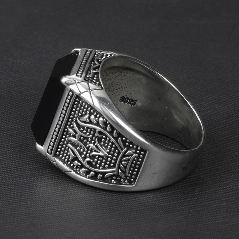 Vintage Ring Men Real Pure 925 Sterling Silver Jewelry Black Obsidian Natural Stone Rings For Mens Punk Rock Fashion D18111306