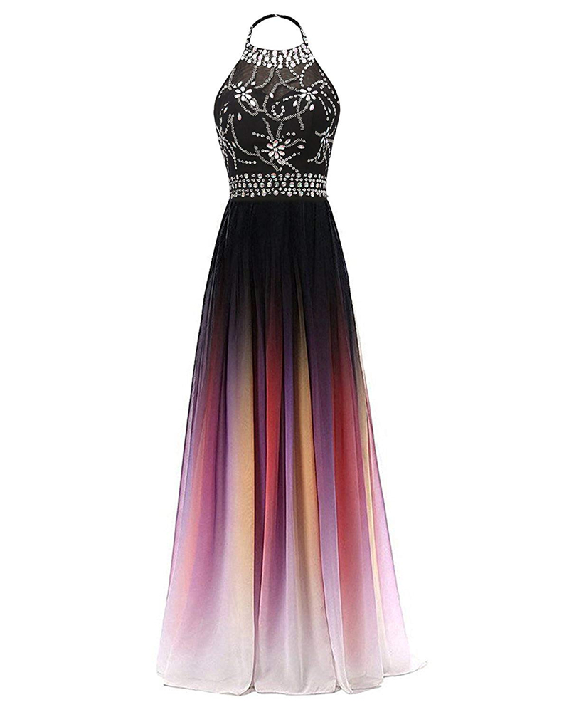 New Sexy 2019 Halter Crystals Beads Long Gradient Prom Dresses Chiffon Backless Plus Size Ombre Cocktail Evening Party Gown QC1320