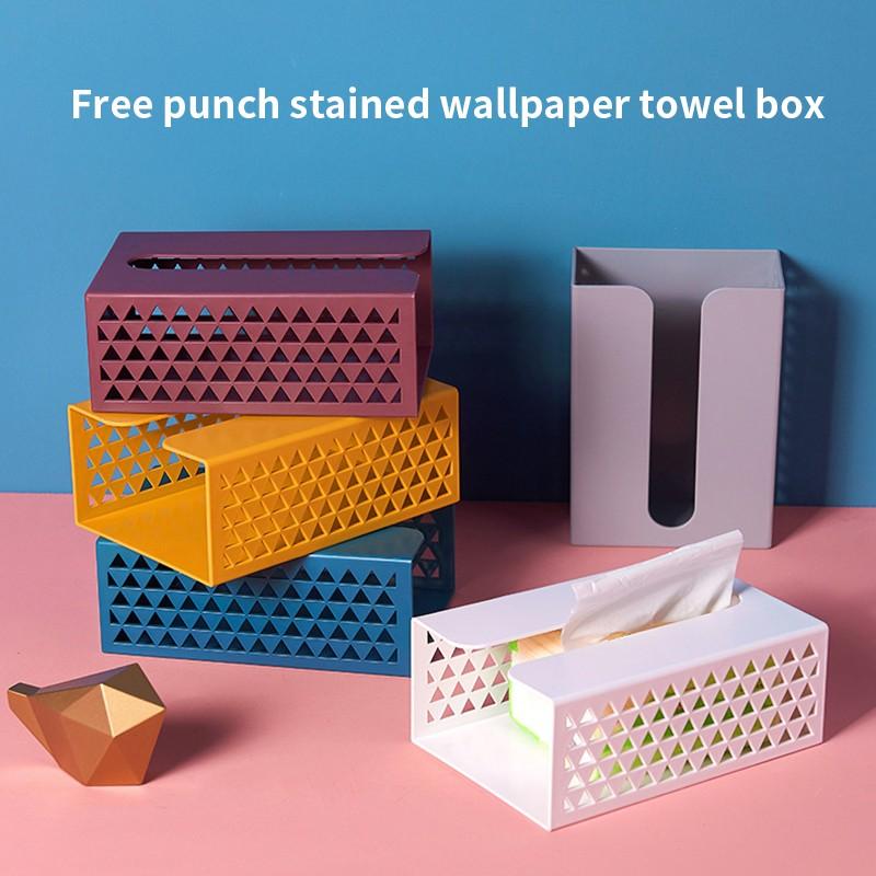 

Wall Mounted Self Adhesive Tissue Box Free Punch Stained Wallpaper Towel Rack Napkin Holder Roll Paper Box Home Storage Tool