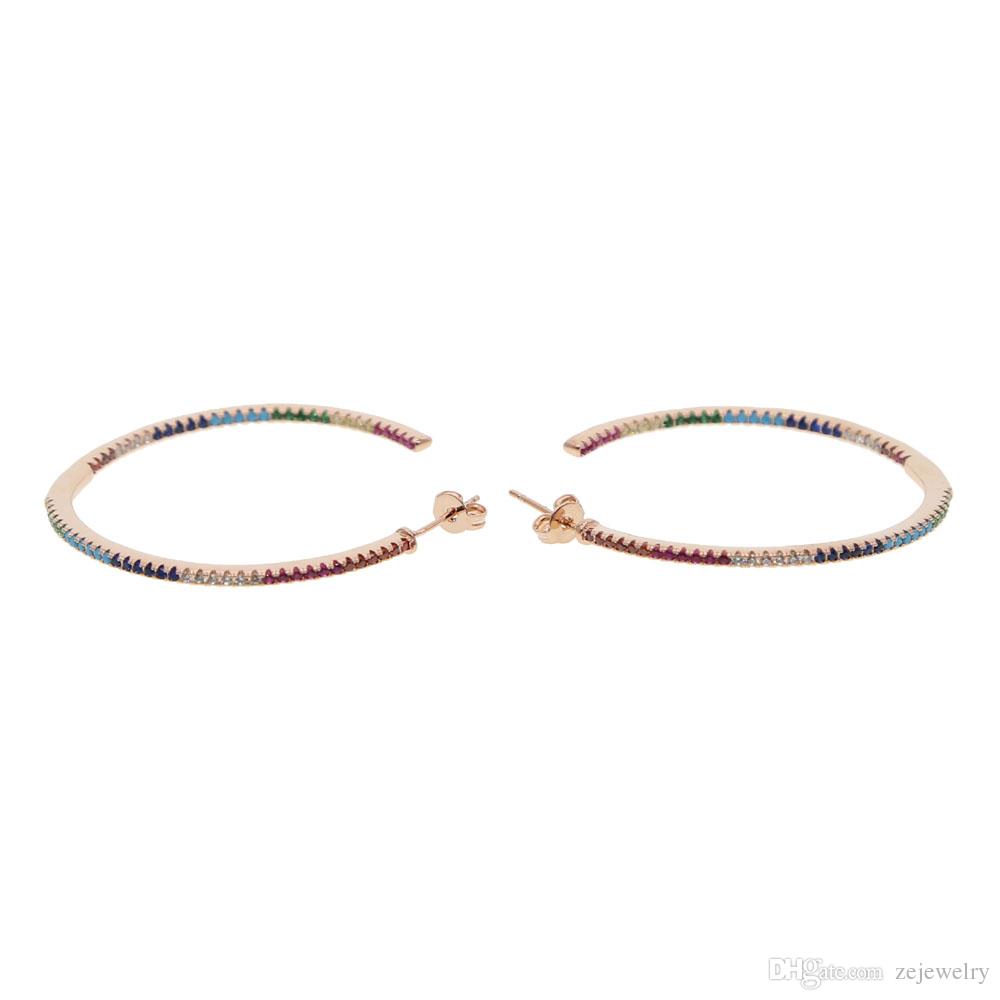 2024 Top quality delicate rainbow CZ hoop earring with colorful Rhinestone 45 mm Circle earring for women rose gold color fashion jewelry