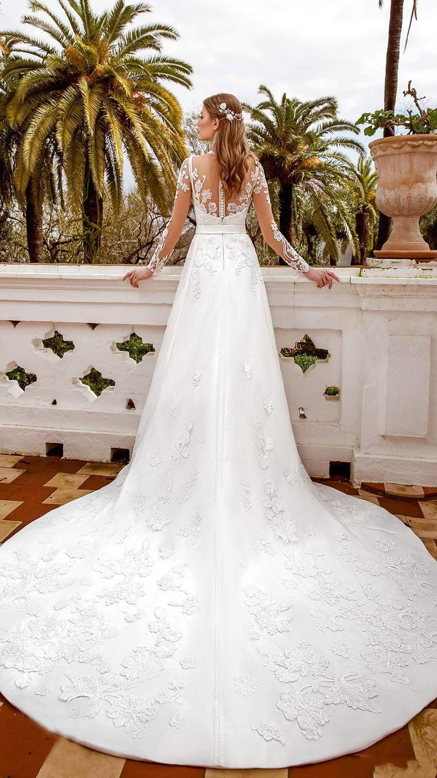 Dresses Bohemian A-Line Long Illusion Sleeves Sheer Neck Lace Appliques Beads Bridal Gowns Court Train Wedding Dress Vestidos