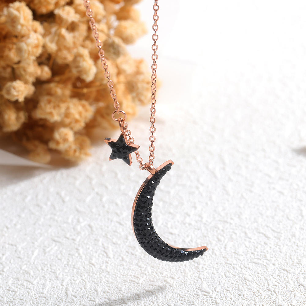 Chic Rose Gold-Plated Star and Moon Pendant with Sparkling Black Zircons - Perfect Girls' Accessory