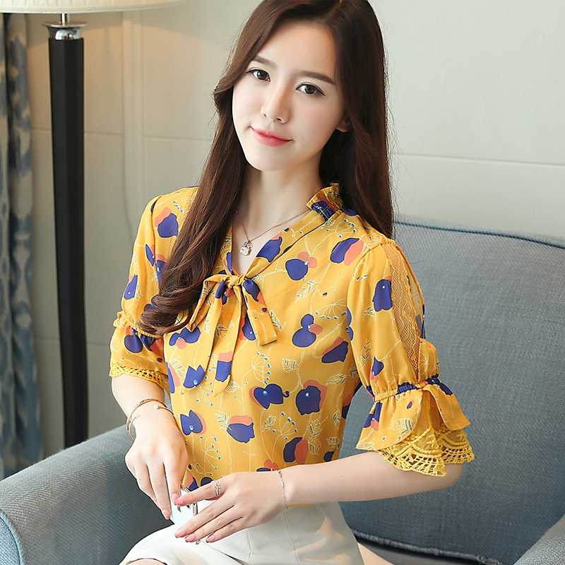 Women's Blouses & Shirts Korean Chiffon Women Floral Shirt Tops Plus Size Woman Lace Flare Sleeve Blouse Blusas Mujer De Moda Womens