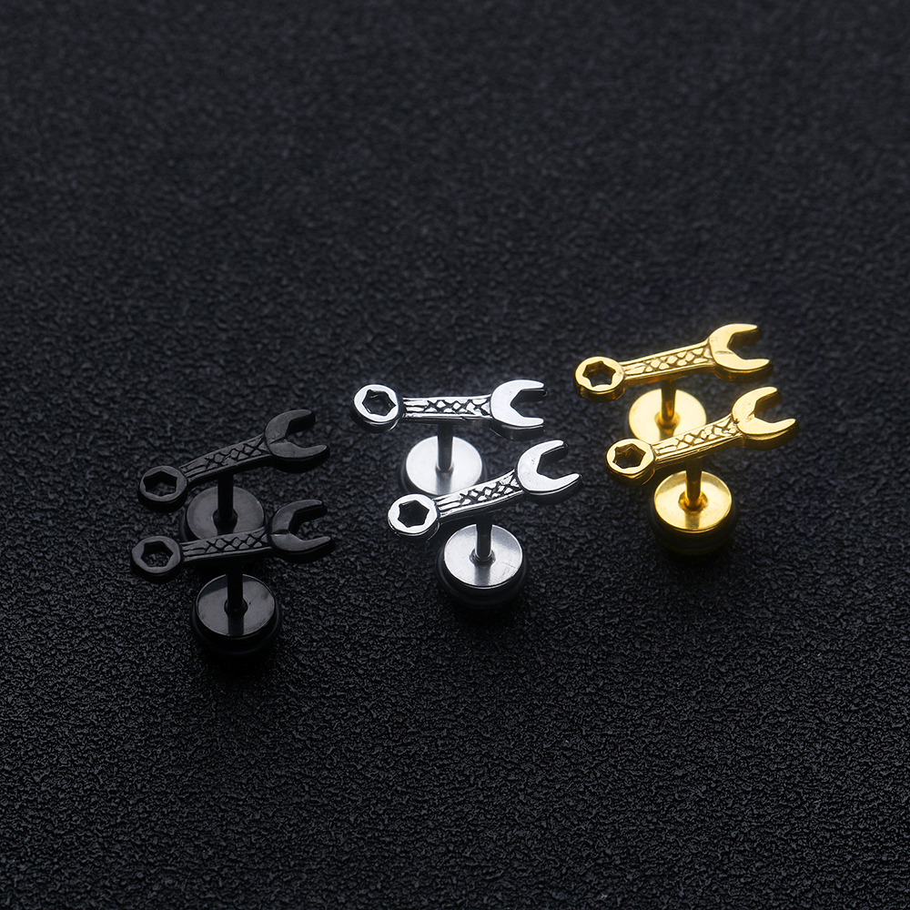 Casting Wrench Stud Earrings Jewelry Cool Men Screw Back 316L Stainless Steel Ear Bone Nail Earrings