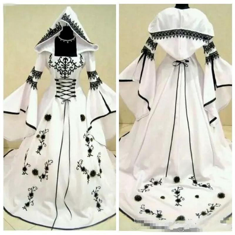 Classic A-Line Black Lace Embroidery White Satin Gothic Wedding Dresses With Hat Flowers Adorned Vestidos De Mariee Plus Size Bridal Gowns
Classic A-Line Black Lace Embroidery White Satin Gothic Wedding Dresses With Hat Flowers Adorned Vestidos De Mariee Plus Size Bridal Gowns
