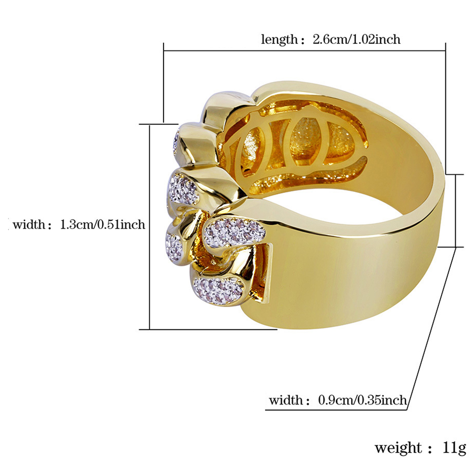 13mm Size 7-11 New In 18K Gold Plated CZ Cubic Zirconia Hollowed Cuban Link Chain Hollow Rings Band Diamond Hip Hop Diamond Finger Jewelry Gifts For M
