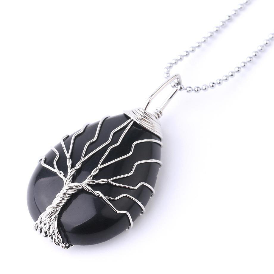 Natural Gemstone Crystal Pendant Necklaces for Men Women Rose Quartz Tiger Eye Opal Tree of Life Pendants with Gold Silver Chains