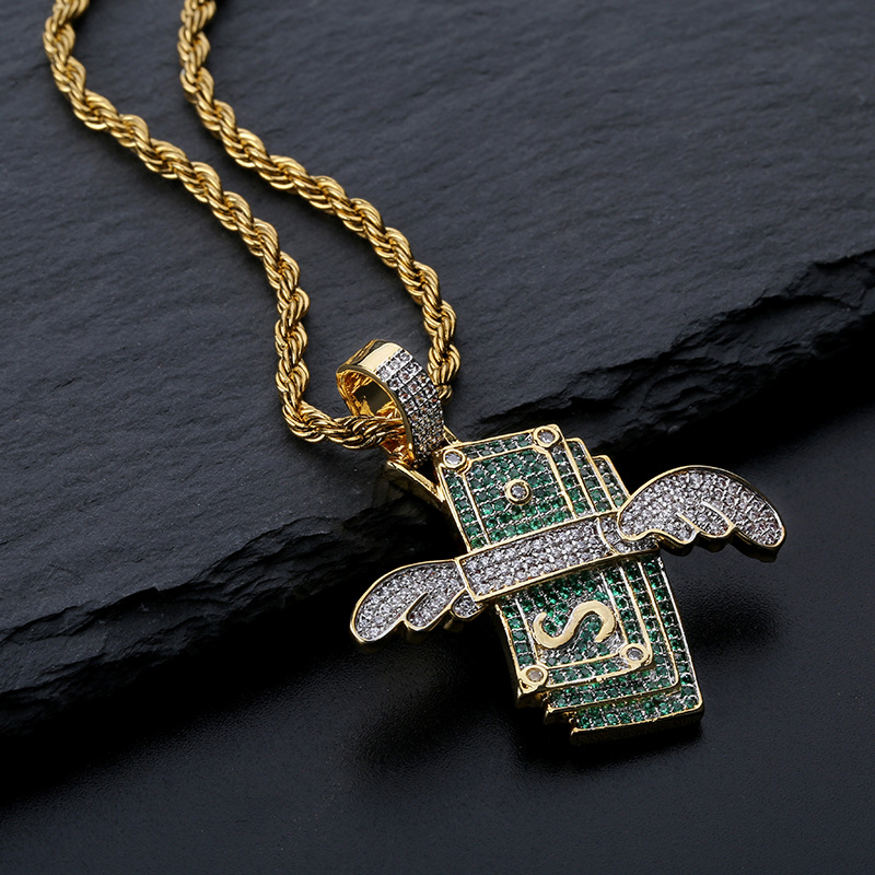 Rap Flying Dollar Pendant Necklace Hip Hop Shining Men Women 18K Gold Plated Pendant Necklace Jewelry
