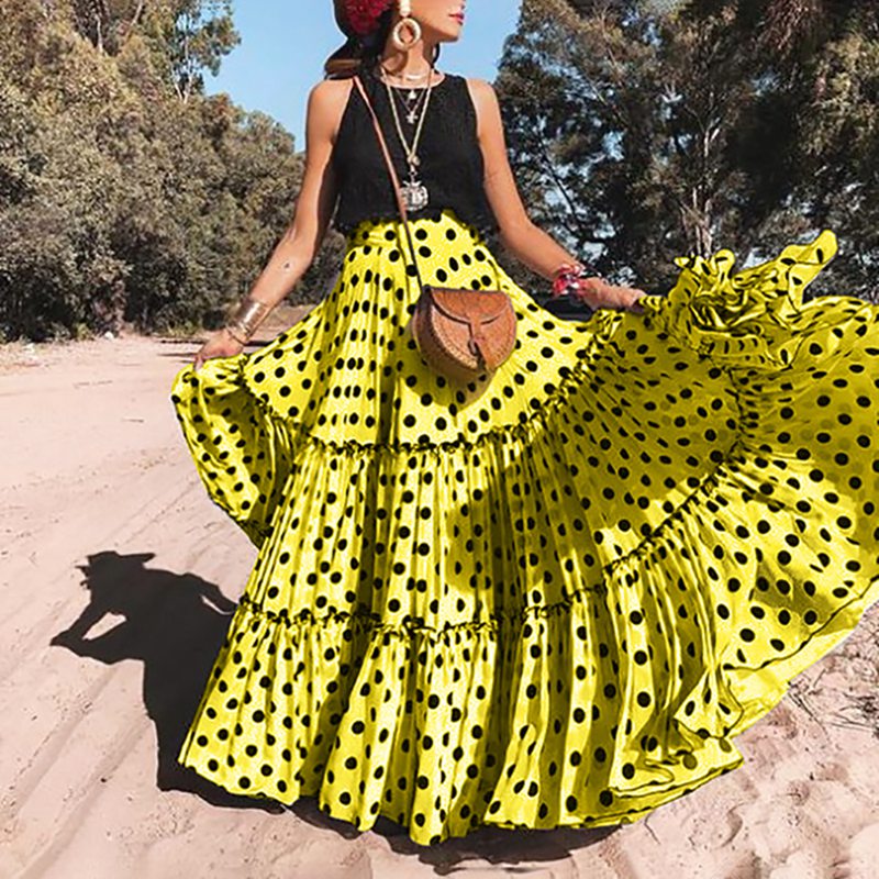 LASPERAL 2020 Draped Dots Print Women Long Skirts High Waist Bohemian Long Skirts Holiday Beach Wear Plus Size S-5XL Maxi Skirt