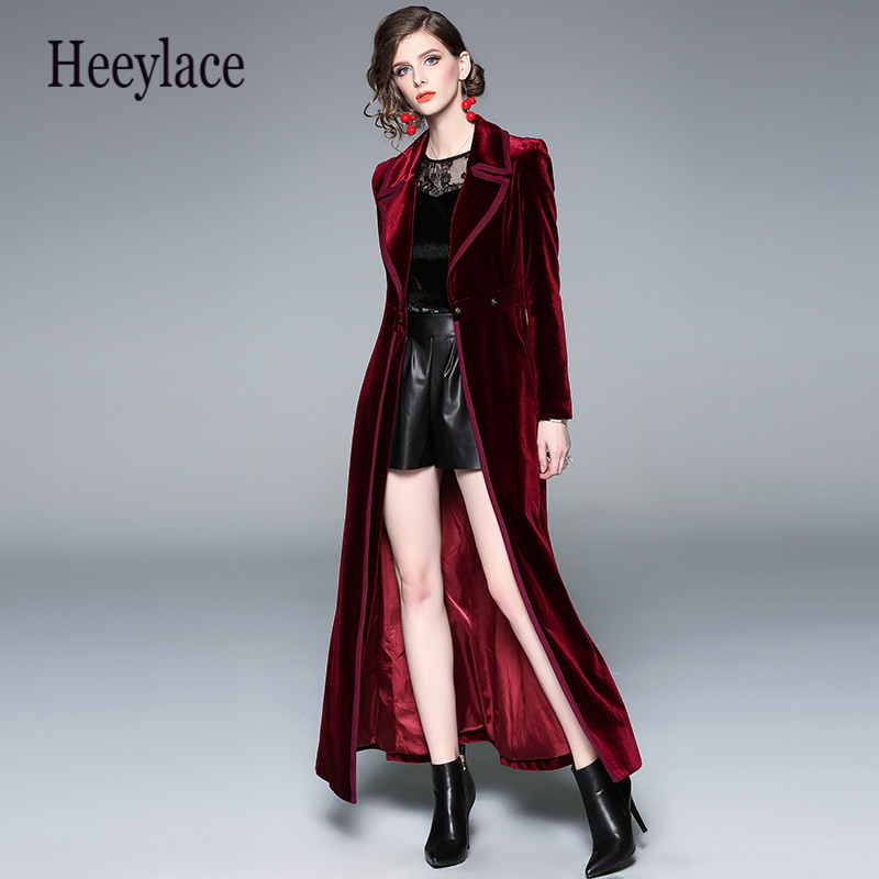 

2019 Autumn winter Burgundy Velvet X-long Overcoat Women' Notched Collar Outwear Vintage Ankle Length Thick Maxi Trench Coat, Navy blue