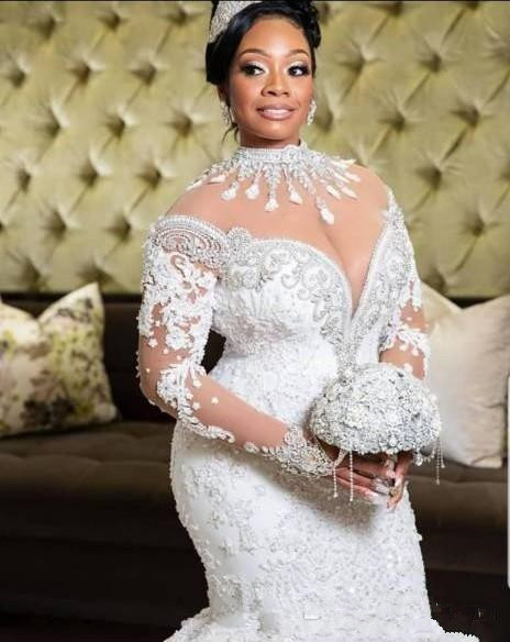 South African Mermaid Wedding Dresses Lace Crystals Beading Long Sleeves Bridal Gowns High Sheer Neck Plus Size Vestiods 49 0510