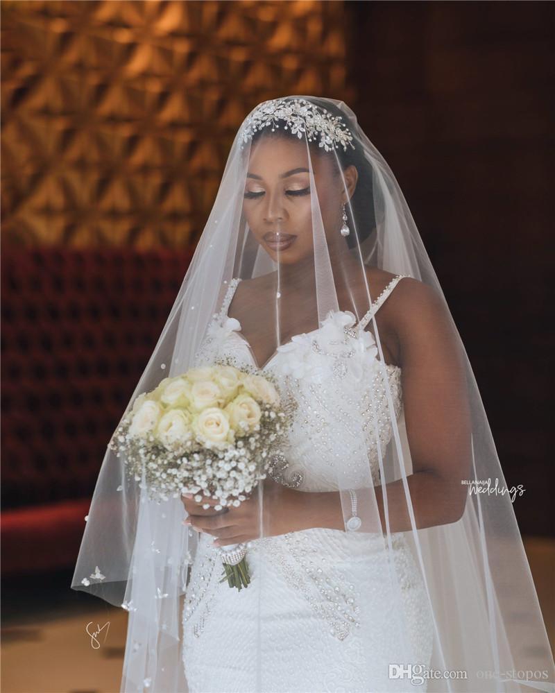 Plus African Size Lace Mermaid Dresses Spaghetti Straps Applique Open Back Sweep Train Wedding Dress Bridal Gowns Vestidos