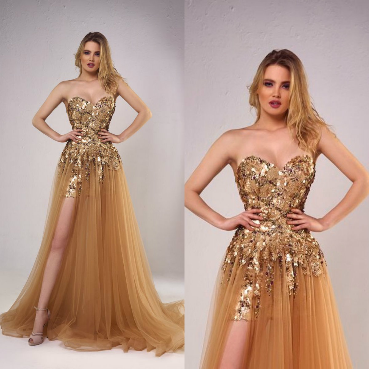 2022 Gold Prom Dresses Sweetheart Sexy Thigh High Slits Sequined Evening Dress Custom Made Cocktail Party Gowns Women Formal Wear
