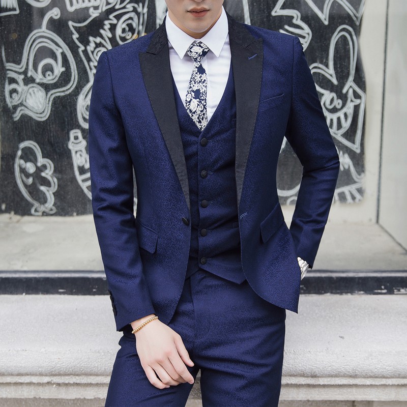 Handsome Three Pieces Groomsmen Suits Custom Made Modest Printed Pattern Slim Fit Mens Business Wedding Suits(Jacket+Vest+Pants)