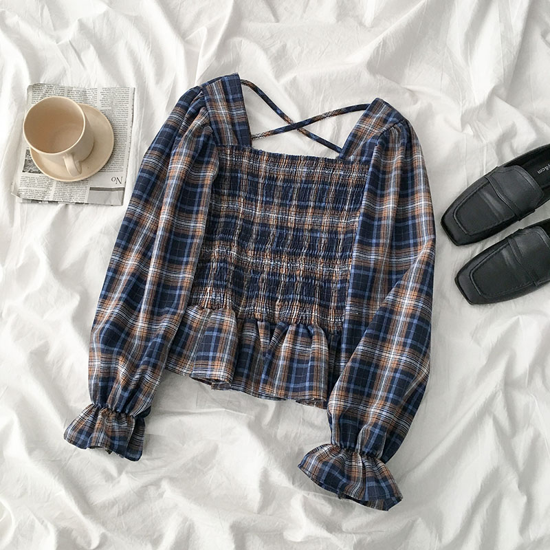 Retro Design Waist Square Collar Plaid Shirt 2020 Spring All-match Bell Sleeve Female Pullover Pleated Shirt Tide, Blue
Retro Design Waist Square Collar Plaid Shirt 2020 Spring All-match Bell Sleeve Female Pullover Pleated Shirt Tide, Blue