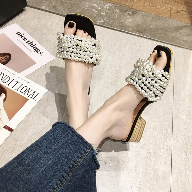Wood heels sandals women pearl open toe slippers string bead square toe sandalias mujer sweet med high heels femmes sandales2020, Black
Wood heels sandals women pearl open toe slippers string bead square toe sandalias mujer sweet med high heels femmes sandales2020, Black