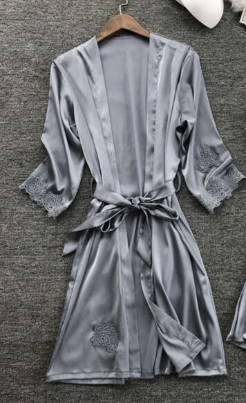 Sexy & Gown Sets Lace Bathrobe + Night Dress Sleepwear Womens Sleep Clothing Faux Silk Robe Femme Gerie B1