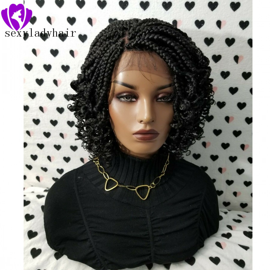 200density full short Braided Wigs Box Braids Wigs For Black Women Lace Front Braid Wig Curly 14inch Black/ Brown With Body Hair