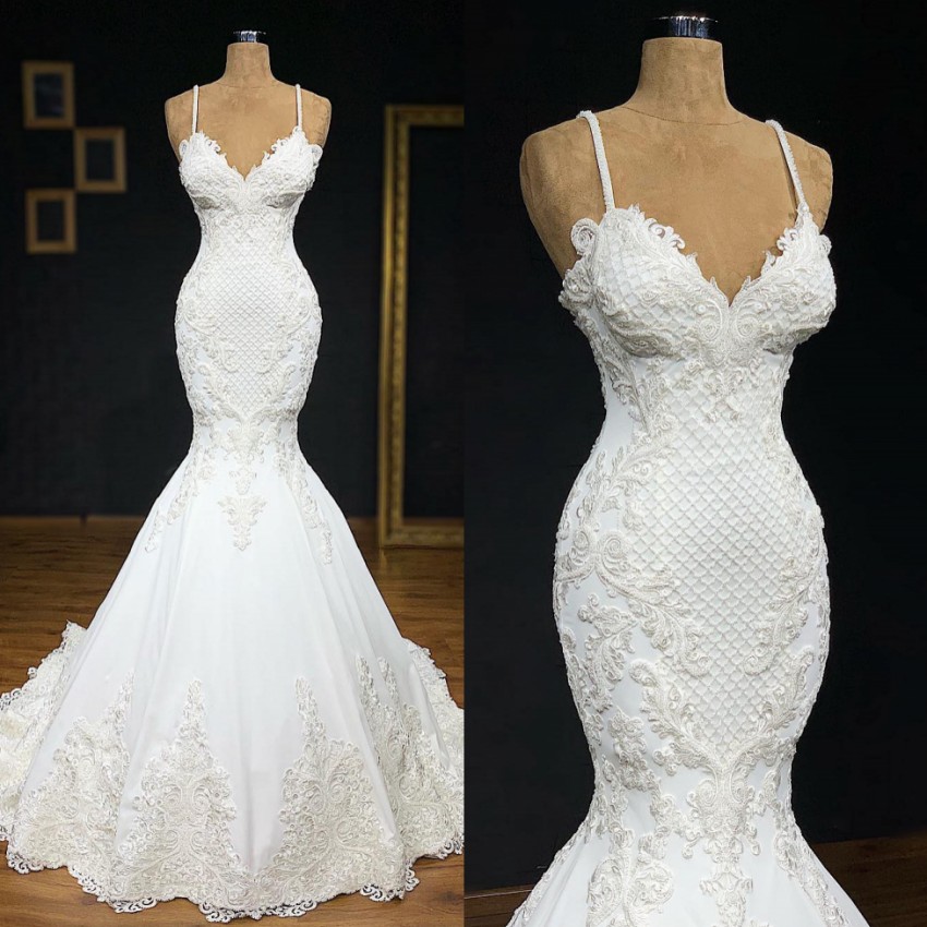 Mermaid Beaded Chic Lace Wedding Dresses Spaghetti Straps V Neck Bridal Gowns Appliqued Sweep Train Trumpet Robe De Marie