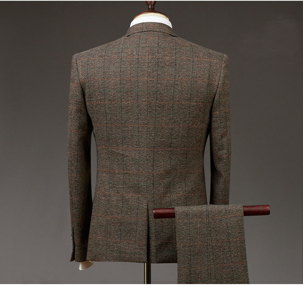 2019 Brown 3 Piece Mens Suits Tweed Wool Check Suits Regular Fit Groom Tuxedos Custom Made