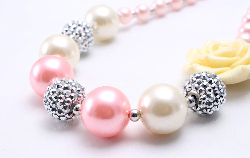 Child Girls Chunky Beads Necklace Fashion Rose Flower Chunky Necklace Jewelry For Baby Kids Sweetly Design Birthday Gift