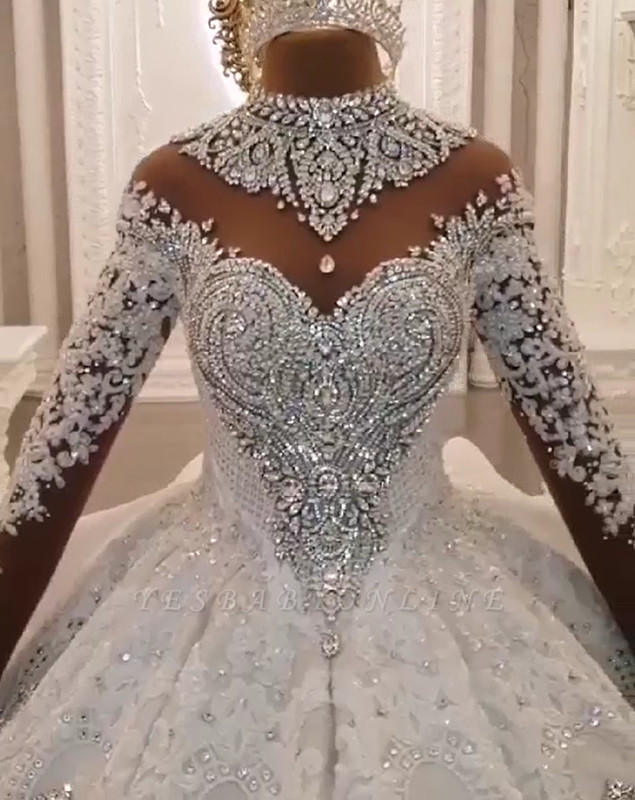 Azzaria Haute Sparkly Wedding Dresses 2020 Luxury Crystal Beaded Lace Applique Ruffles Tiered Cathedral Train Arabic Dubai Wedding Gown