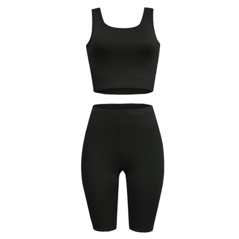 Solid Biker Shorts Tracksuit Women Sleeveless Tank Top Women Sports Suit Elastic Waist Knee Length Pants Two Piece Set